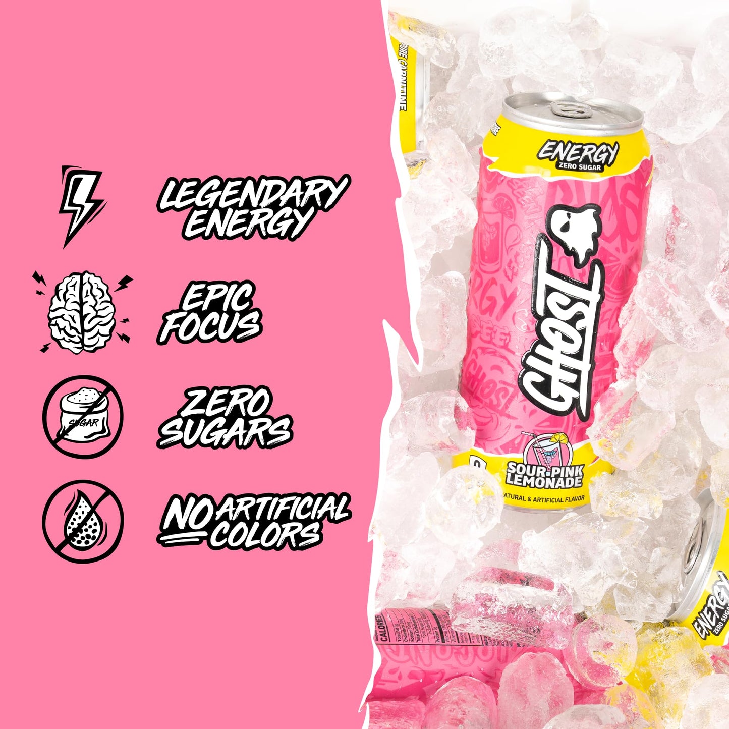 GHOST Energy Drink - 12-Pack, Sour Pink Lemonade, 16oz Cans - Energy & Focus & No Artificial Colors - 200mg of Natural Caffeine, L-Carnitine & Taurine - Gluten-Free & Vegan