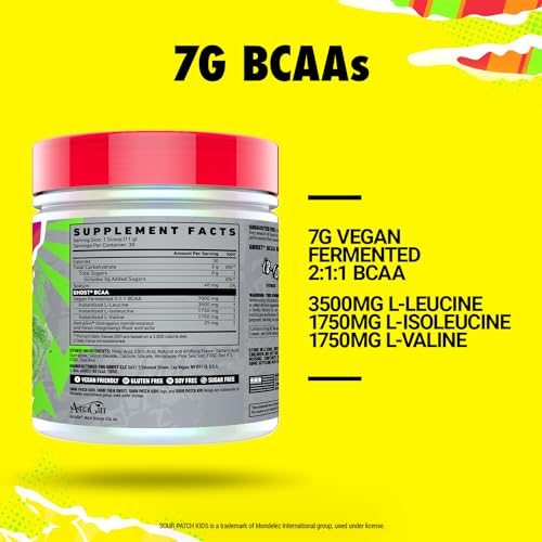 GHOST BCAA Powder Amino Acids Supplement, Sour Patch Kids Watermelon - 30 Servings - Sugar-Free Intra, Post & Pre Workout Amino Powder & Recovery Drink, 7G BCAA Supports Muscle Growth