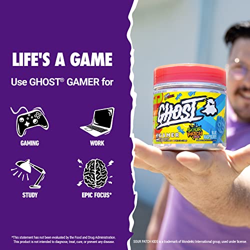 GHOST Gamer: Energy and Focus Support Formula - 40 Servings, Sour Patch Kids Blue Raspberry - Nootropics & Natural Caffeine for Attention, Accuracy & Reaction Time - Vegan, Gluten-Free