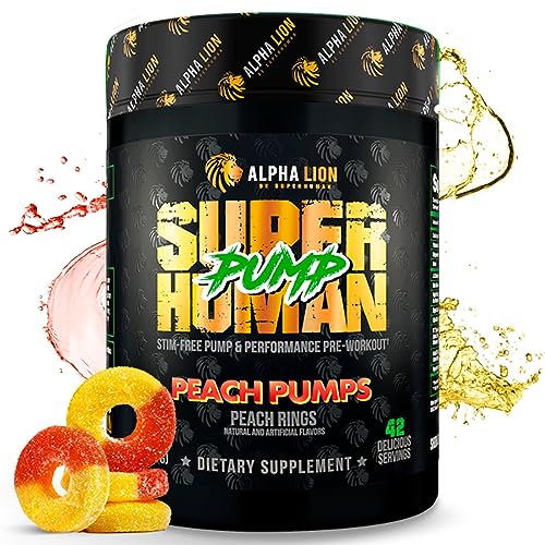 ALPHA LION Superhuman Pump Pre Workout Powder, Nootropic Caffeine & Stim Free Preworkout Supplement, Nitric Oxide Booster, Muscle Gainer, Energy & Focus (42 Servings, Peach Pumps Flavor)