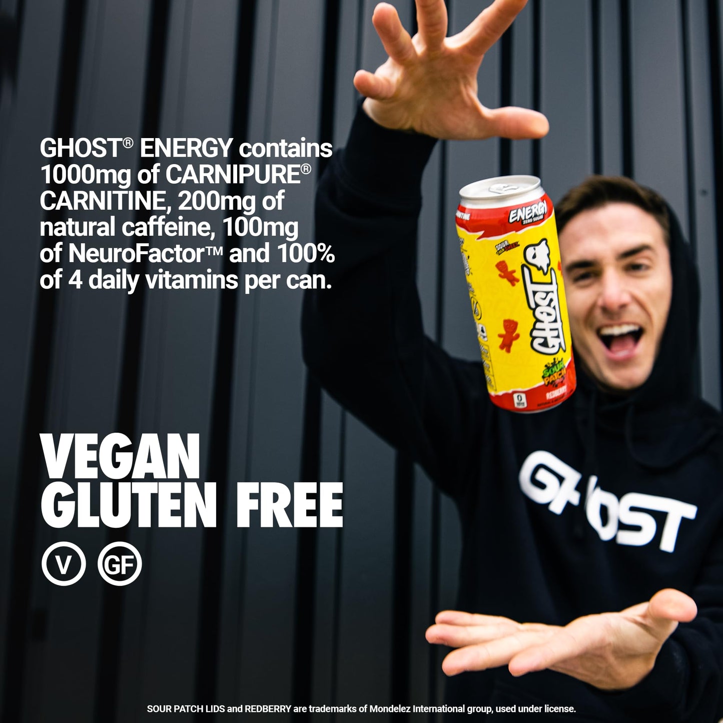 GHOST Energy Drink - 12-Pack, Sour Patch Kids Redberry, 16oz - Energy & Focus & No Artificial Colors - 200mg of Natural Caffeine, L-Carnitine & Taurine - Gluten-Free & Vegan