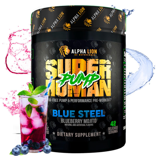 ALPHA LION Superhuman Pump Pre Workout Powder, Nootropic Caffeine & Stim Free Preworkout Supplement, Nitric Oxide Booster, Muscle Gainer, Energy & Focus (42 Servings, Blueberry Steel Flavor)